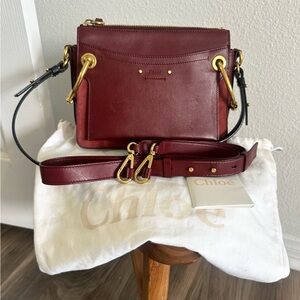 Chloe Roy Two Way Bag Shoulder Crossbody Leather Suede Maroon Burgundy Small